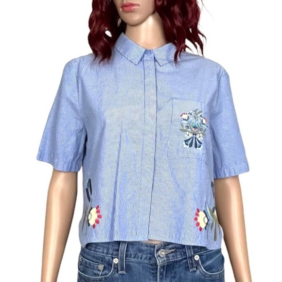 Zara Womens Floral Embroidered Button Up Top Large, Blue White Menswear - Picture 1 of 10